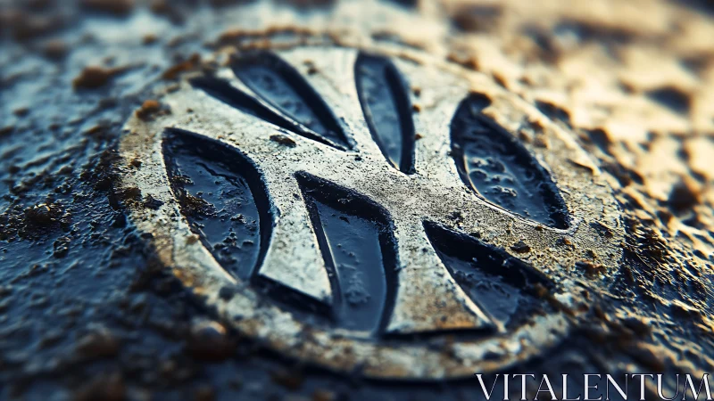 Macro render of wet industrial emblem with shallow focus.
