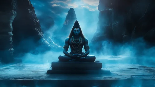 Mystical blue deity in meditative stillness amid misty gorge.