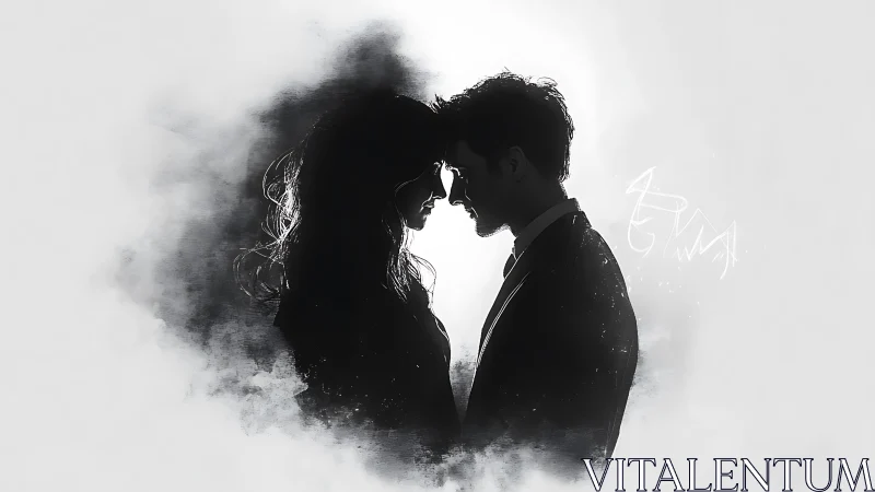 Silhouetted couple in intimate moment with dispersing smoke effect.