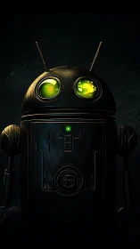 Chrome android robot stands in moody green backlight