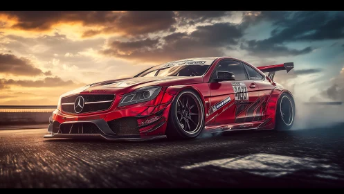 Roaring red race car powers through smoke at sunset speed