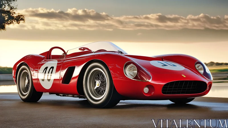 Sunlit vintage red race car ready for an easy evening drive.