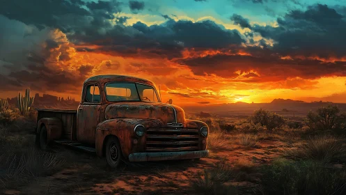 Rusty pickup truck rests under blazing desert sunset sky