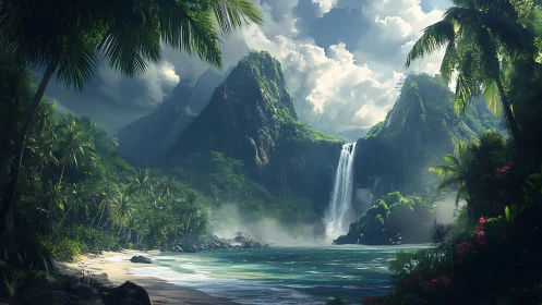 Tropical Paradise Waterfall Valley with Mountains.
