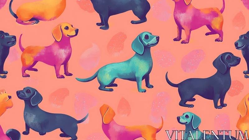 Multicolored dachshund pattern uses repetitive layout and textured brushwork