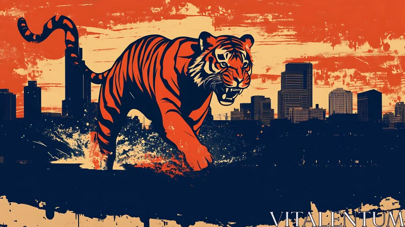 Vector tiger charge overlays grunge skyline with tri-tone palette