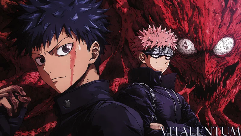 Two anime figures stand before large red monstrous entity