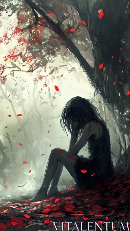 Solitary figure sits beneath dark tree amid falling leaves