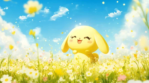 Yellow cartoon bunny in bright flower meadow under sky.
