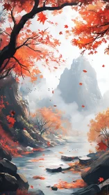 Autumn river winds through misty mountains in quiet light