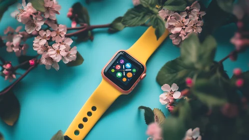 Smartwatch with yellow band amid pink blossoms on blue surface.
