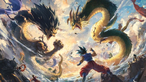 Epic anime warrior confronts twin elemental sea dragons.