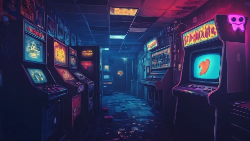 Dimly lit arcade corridor with neon cabinets and debris.