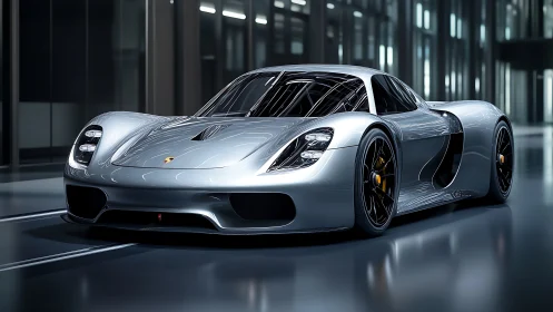 Silver hypercar poised in glossy futuristic showroom light.