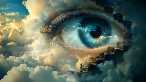 Monumental azure eye in stratified clouds with spectral stairs