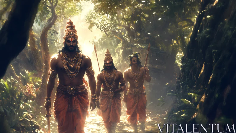 Warrior princes stride through myth-lit jungle sanctuary.