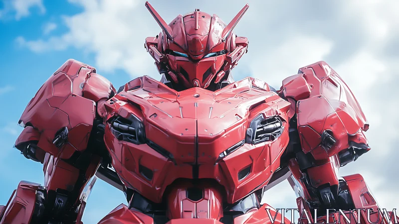 Red combat mech stands under daylight sky in close view