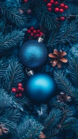 Frosted blue baubles nestled in pine and red berries.