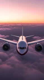Airliner nose-on over stratiform clouds at cinematic dusk light