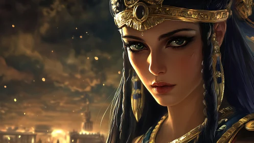 Golden-eyed desert queen in a dusky ancient skyline.