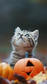 Kitten looking upward at carved jack-o-lantern pumpkin
