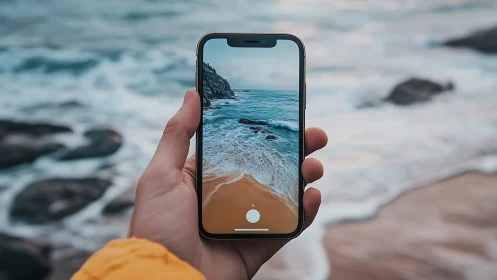 Hand holding smartphone capturing coastal beach scene.