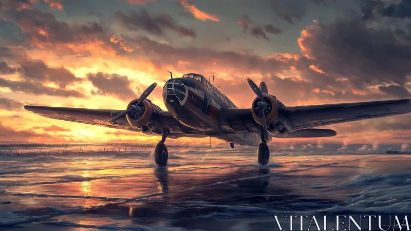 Digital painting of vintage twin-engine aircraft at dusk runway.