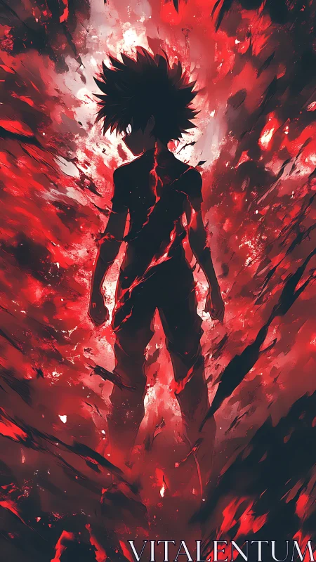 Fierce anime hero rising within a storm of blazing power.
