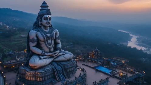 Twilight river curls around a colossal seated Shiva guardian