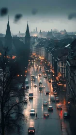 Rain-soaked European avenue with glowing evening traffic.