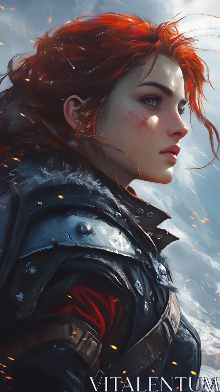 Fiery-haired warrior gazes into a stormy frozen horizon.