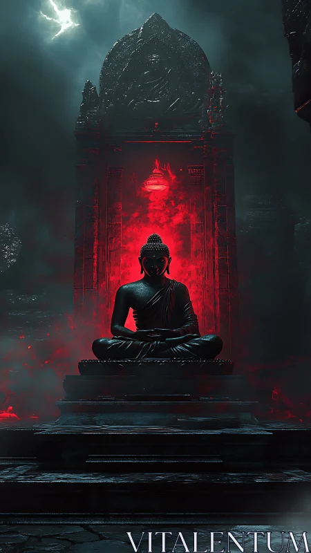 Midnight Buddha throne aglow in infernal crimson serenity.