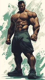 Muscular male figure in athletic shorts and sneakers.