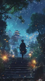 Silhouetted figure ascends garden steps toward lit hillside