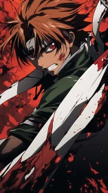 Kinetic anime swordsman in blood-splattered combat vector scene.