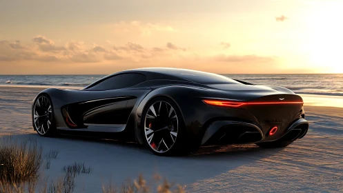 Photorealistic hypercar profile on sunset shoreline runway.