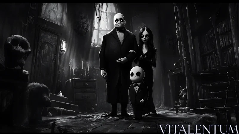 Gothic cartoon family portrait in monochrome haunted interior.