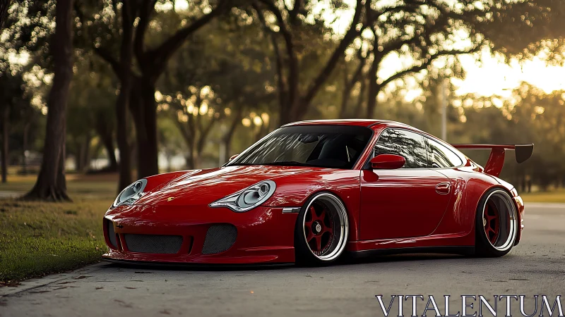 Sleek red sports car glowing softly in a golden park setting.