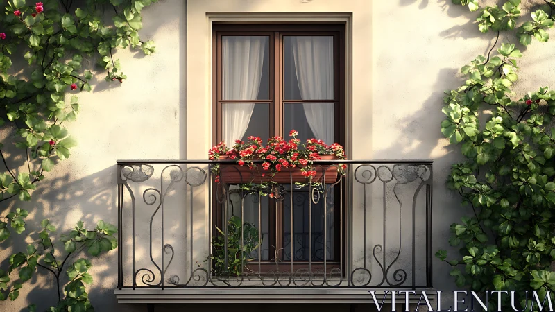 Sunlit balcony window frames red geraniums and ivy vines