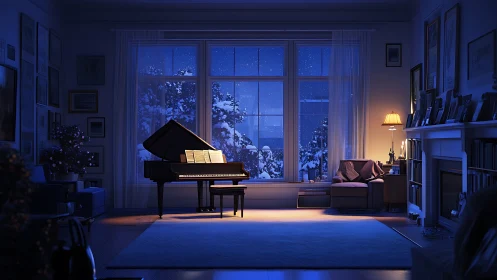 Grand piano in lamplit living room facing winter window