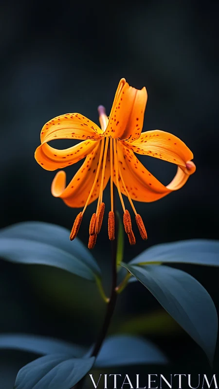 Orange Tiger Lily Flower with Recurved Petals Against Dark Background