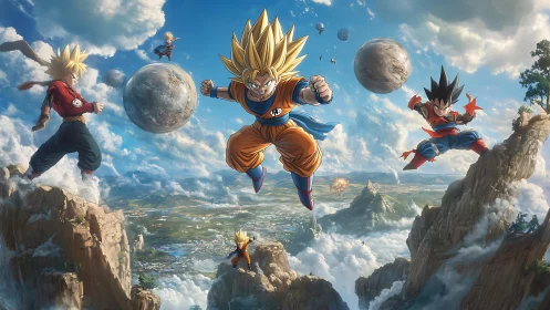 Saiyan warriors clash above a vast floating mountain valley