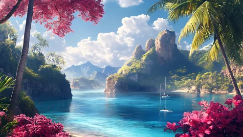 Tropical lagoon with limestone cliffs and flowering palm shore