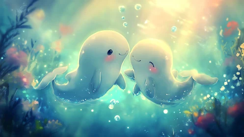 Sweet baby whales sharing a glowing underwater cuddle.
