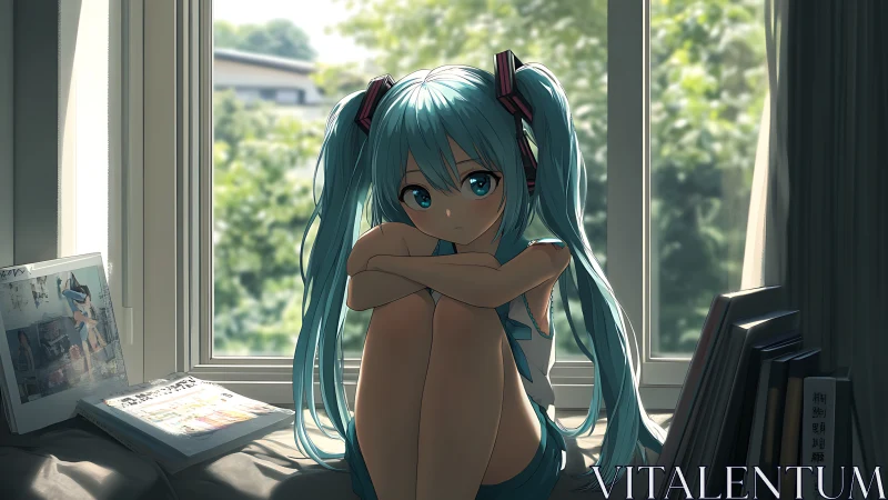 Quiet blue‑haired girl rests thoughtfully by a sunny window