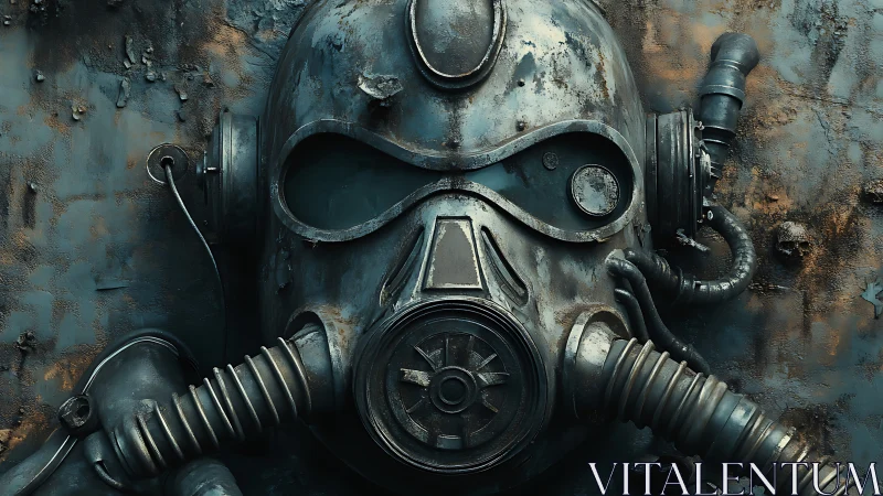 Rusty post apocalyptic gas mask helmet on metal wall.