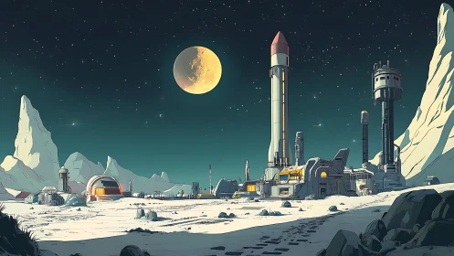 Moonlit frontier base under a quiet cosmic sky.