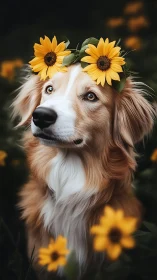 Golden dog wears sunflower crown in soft garden light
