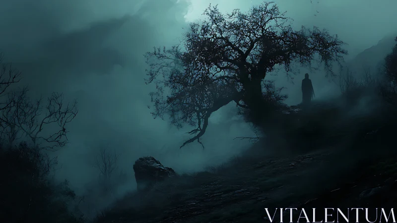 Moody digital painting of cloaked figure on misted ridge.