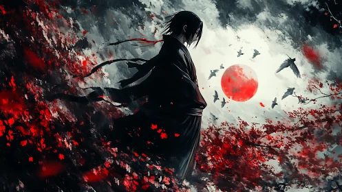 Lone wanderer beneath a crimson moon and storm of crows.